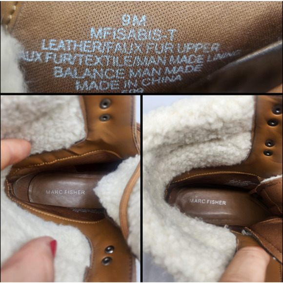Marc Fisher Boots 9 Brown Leather Suede Combat Faux Shearling Fur Mid Calf Lace - Picture 11 of 12